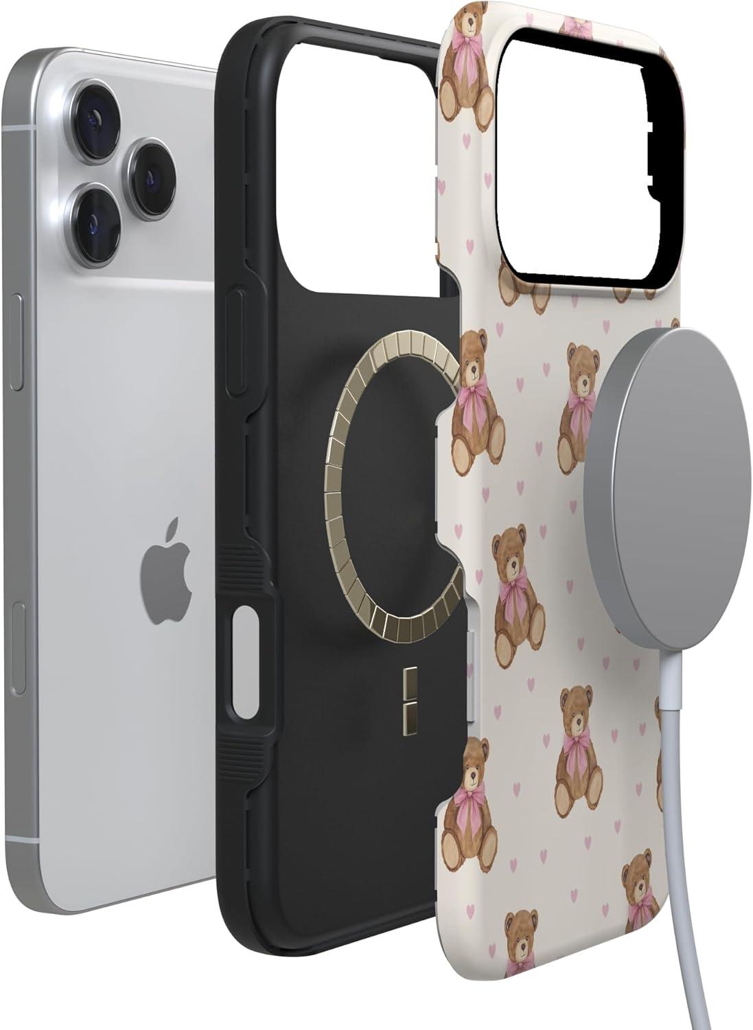 imageCasely iPhone 15 Pro Case Heart Noir Tiny Hearts Bold Protective Design MagSafe Compatible DesignCuddle Club Teddy Bear