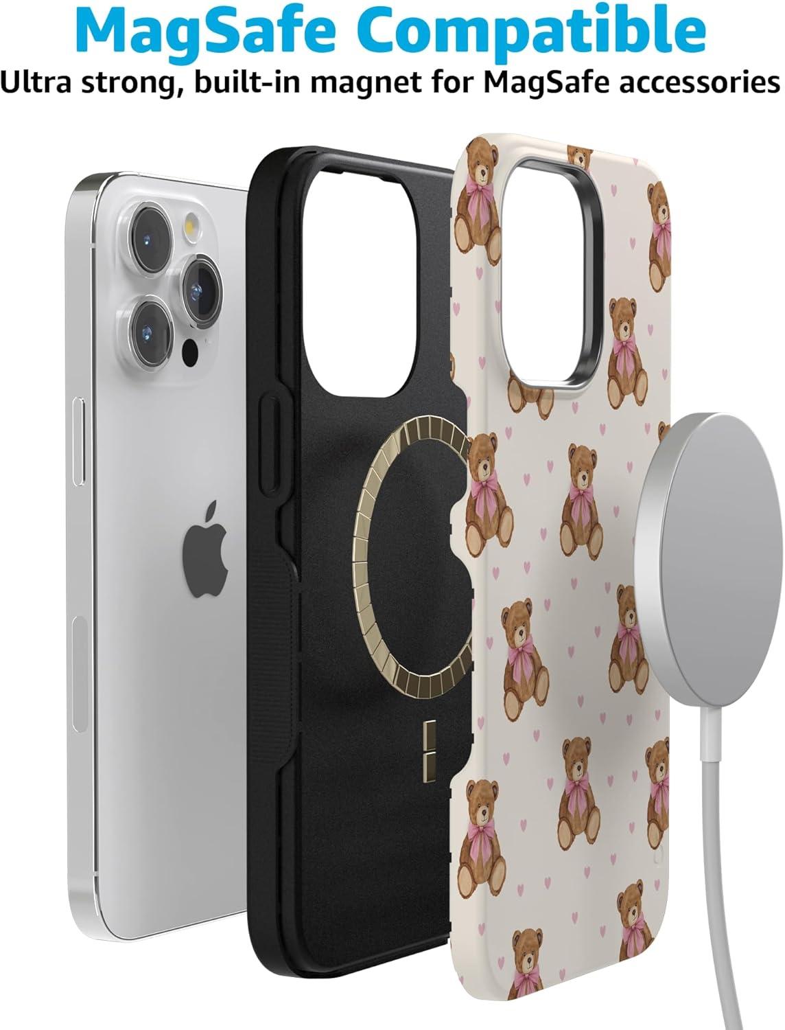 imageCasely iPhone 15 Pro Case Heart Noir Tiny Hearts Bold Protective Design MagSafe Compatible DesignCuddle Club Teddy Bear