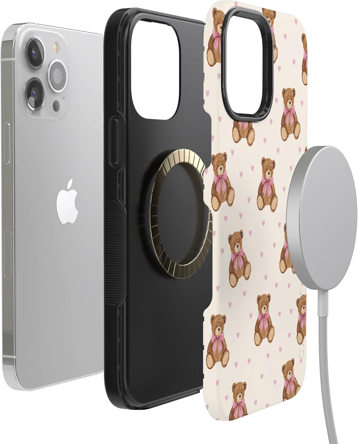 imageCasely iPhone 15 Pro Case Heart Noir Tiny Hearts Bold Protective Design MagSafe Compatible DesignCuddle Club Teddy Bear