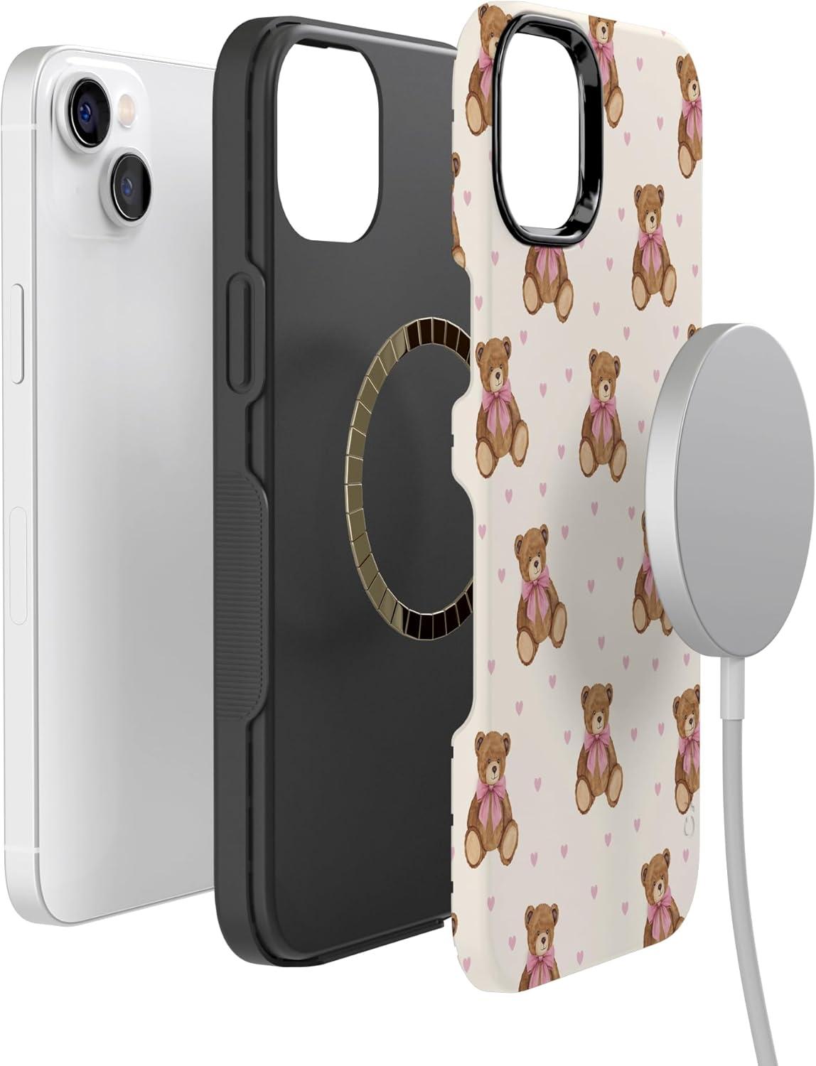 imageCasely iPhone 15 Pro Case Heart Noir Tiny Hearts Bold Protective Design MagSafe Compatible DesignCuddle Club Teddy Bear