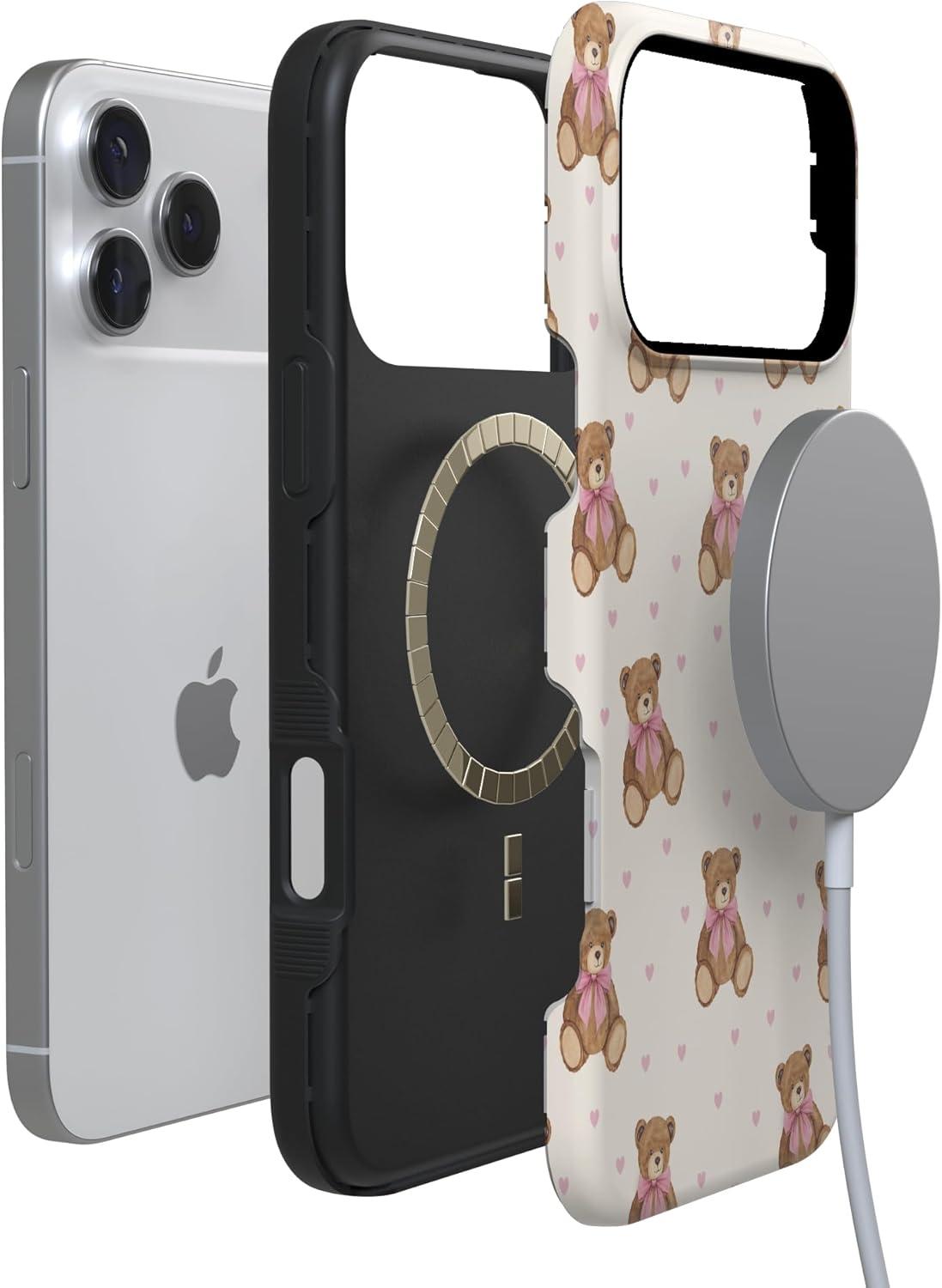 imageCasely iPhone 15 Pro Case Heart Noir Tiny Hearts Bold Protective Design MagSafe Compatible DesignCuddle Club Teddy Bear