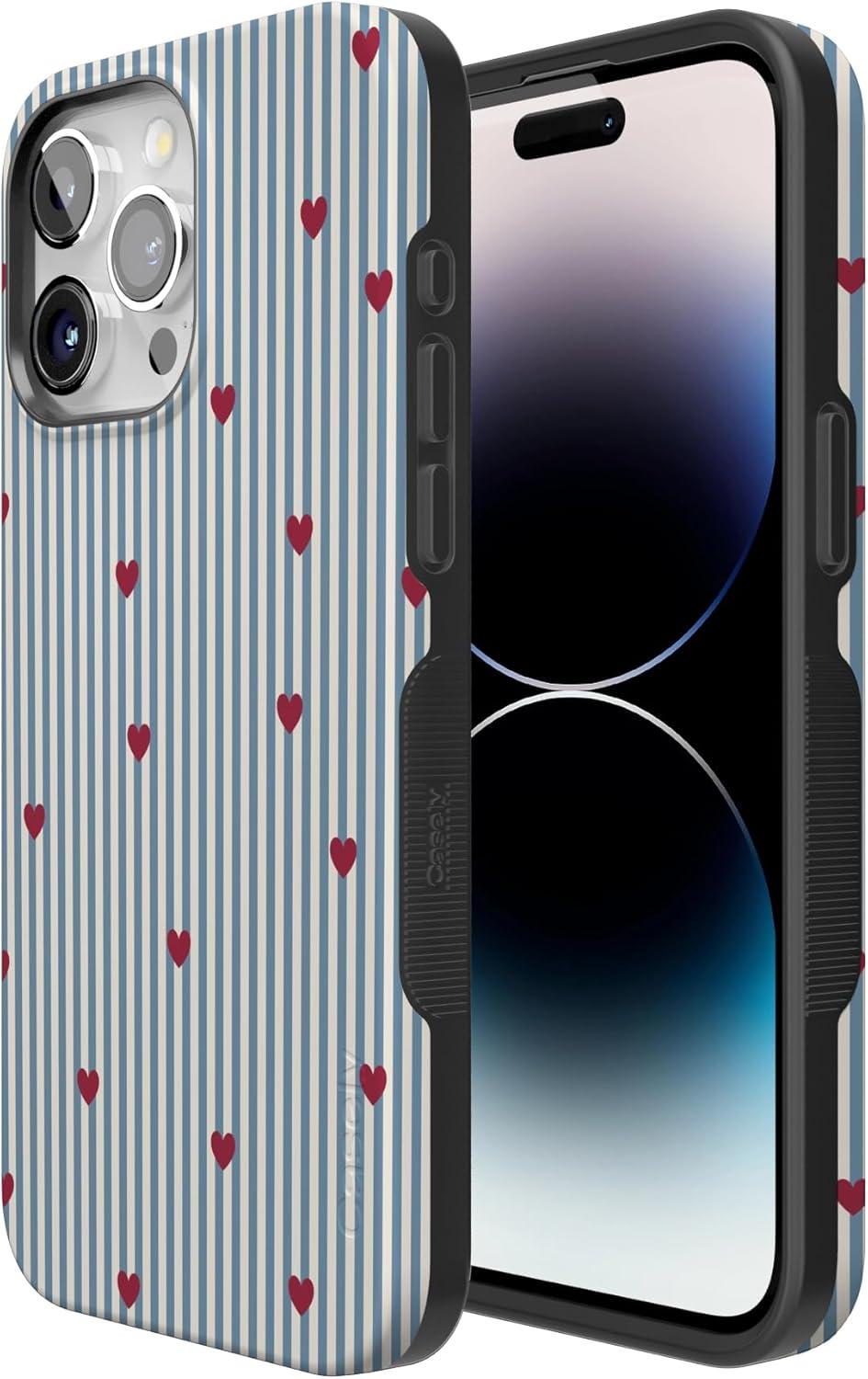 imageCasely iPhone 15 Pro Case Heart Noir Tiny Hearts Bold Protective Design MagSafe Compatible DesignLove Lines Blue Stripes