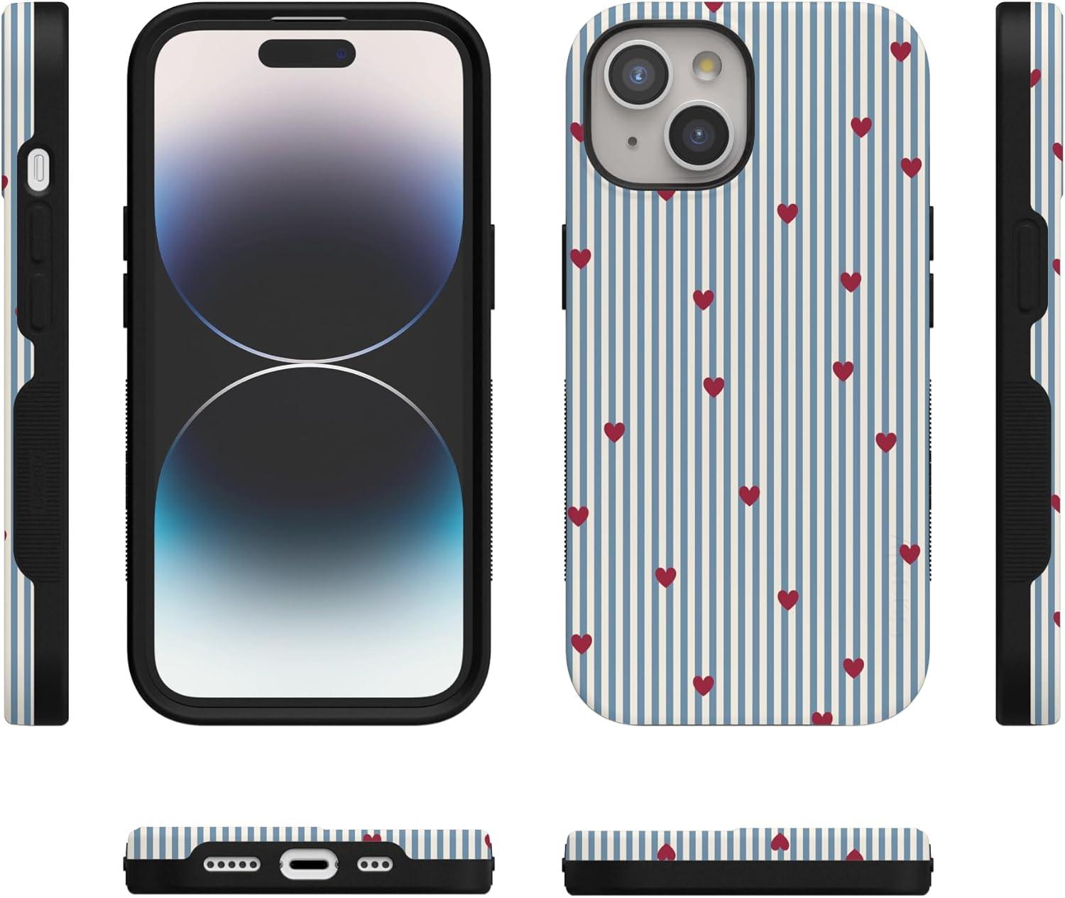 imageCasely iPhone 15 Pro Case Heart Noir Tiny Hearts Bold Protective Design MagSafe Compatible DesignLove Lines Blue Stripes