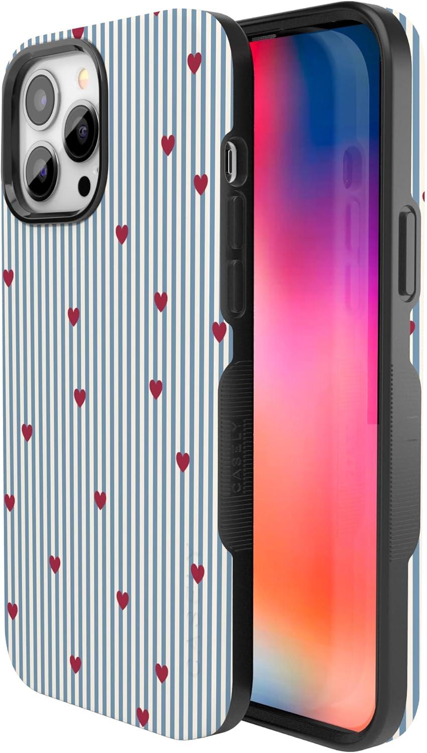 imageCasely iPhone 15 Pro Case Heart Noir Tiny Hearts Bold Protective Design MagSafe Compatible DesignLove Lines Blue Stripes