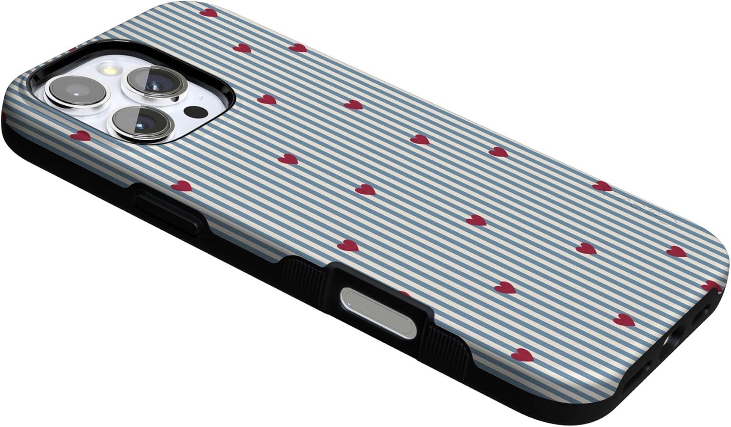 imageCasely iPhone 15 Pro Case Heart Noir Tiny Hearts Bold Protective Design MagSafe Compatible DesignLove Lines Blue Stripes