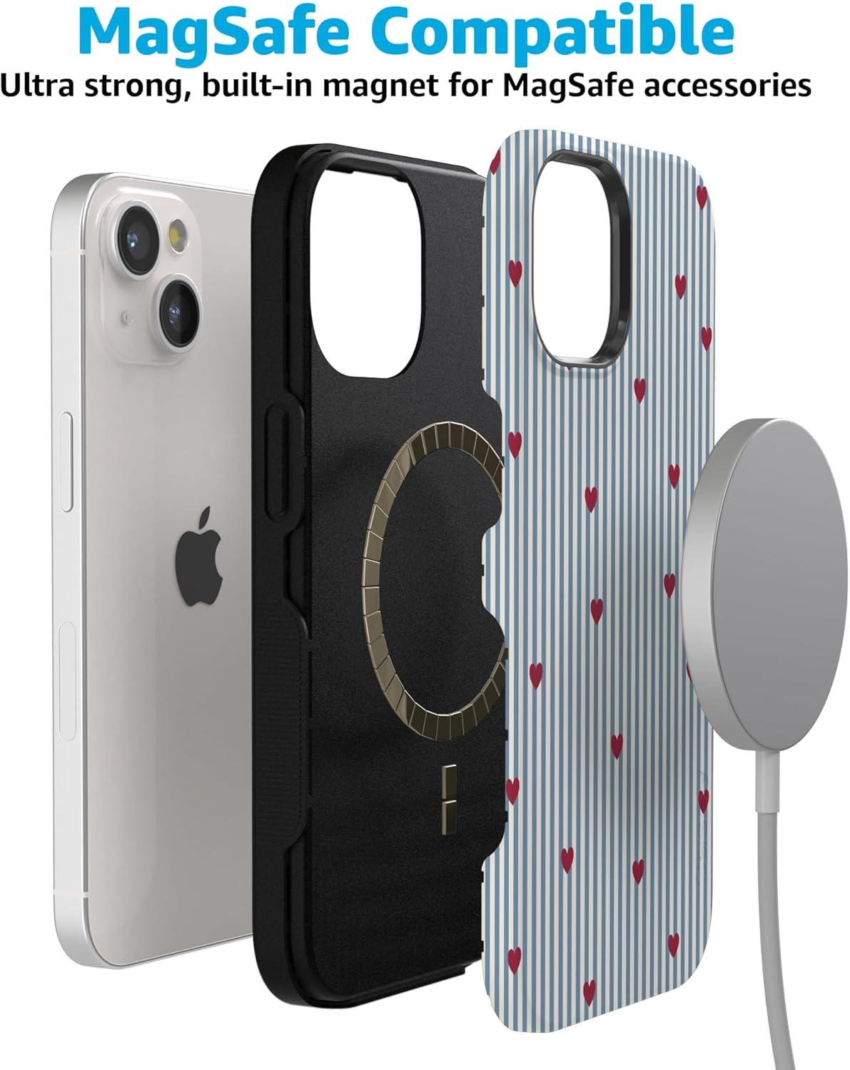 imageCasely iPhone 15 Pro Case Heart Noir Tiny Hearts Bold Protective Design MagSafe Compatible DesignLove Lines Blue Stripes