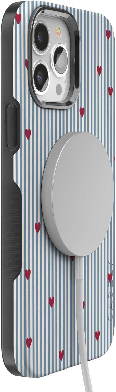 imageCasely iPhone 15 Pro Case Heart Noir Tiny Hearts Bold Protective Design MagSafe Compatible DesignLove Lines Blue Stripes