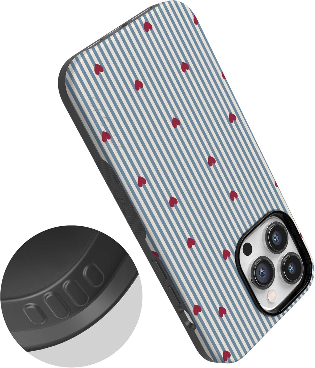 imageCasely iPhone 15 Pro Case Heart Noir Tiny Hearts Bold Protective Design MagSafe Compatible DesignLove Lines Blue Stripes