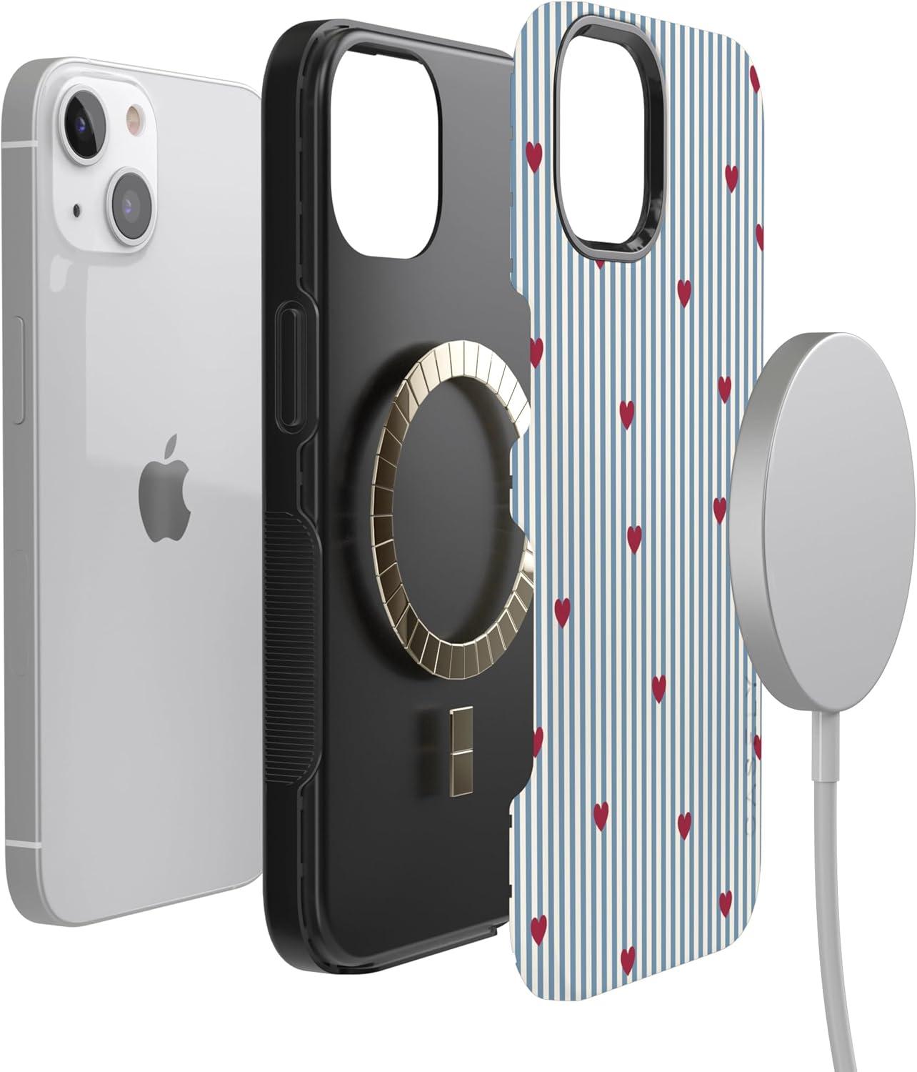 imageCasely iPhone 15 Pro Case Heart Noir Tiny Hearts Bold Protective Design MagSafe Compatible DesignLove Lines Blue Stripes