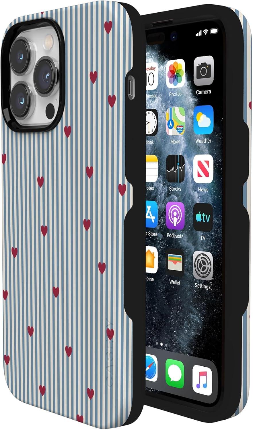 imageCasely iPhone 15 Pro Case Heart Noir Tiny Hearts Bold Protective Design MagSafe Compatible DesignLove Lines Blue Stripes
