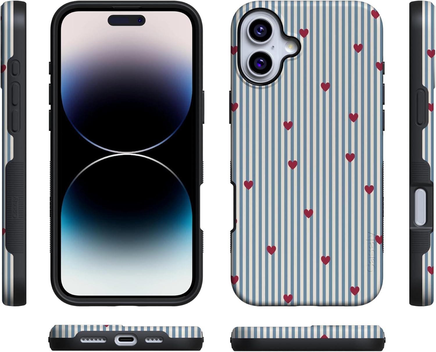 imageCasely iPhone 15 Pro Case Heart Noir Tiny Hearts Bold Protective Design MagSafe Compatible DesignLove Lines Blue Stripes