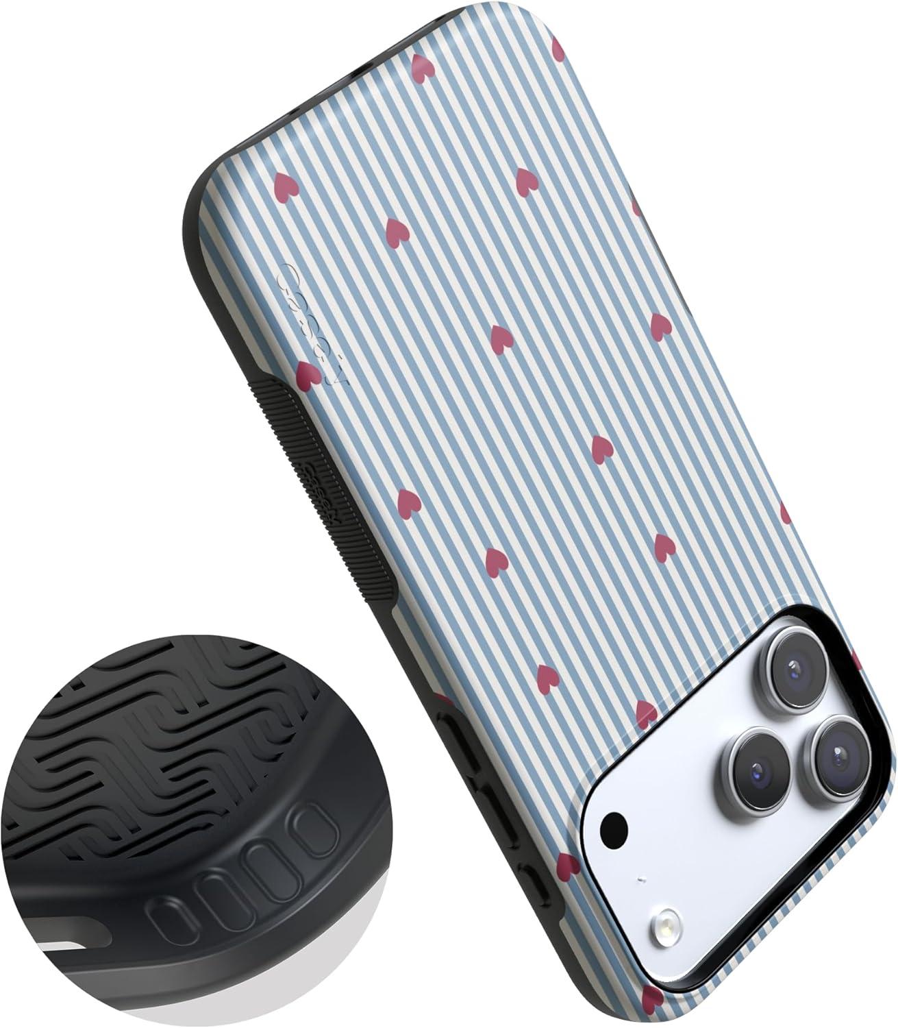 imageCasely iPhone 15 Pro Case Heart Noir Tiny Hearts Bold Protective Design MagSafe Compatible DesignLove Lines Blue Stripes