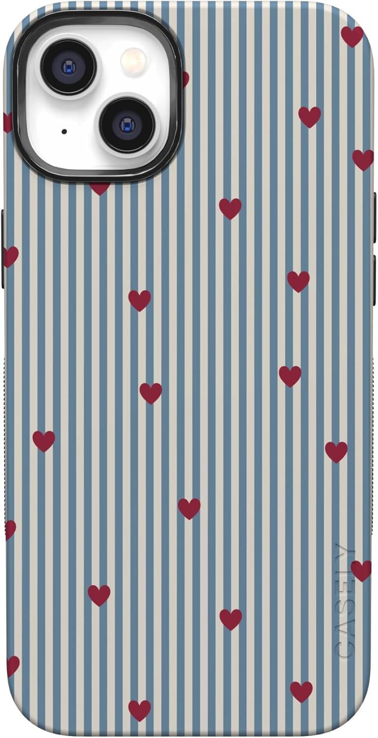 imageCasely iPhone 15 Pro Case Heart Noir Tiny Hearts Bold Protective Design MagSafe Compatible DesignLove Lines Blue Stripes