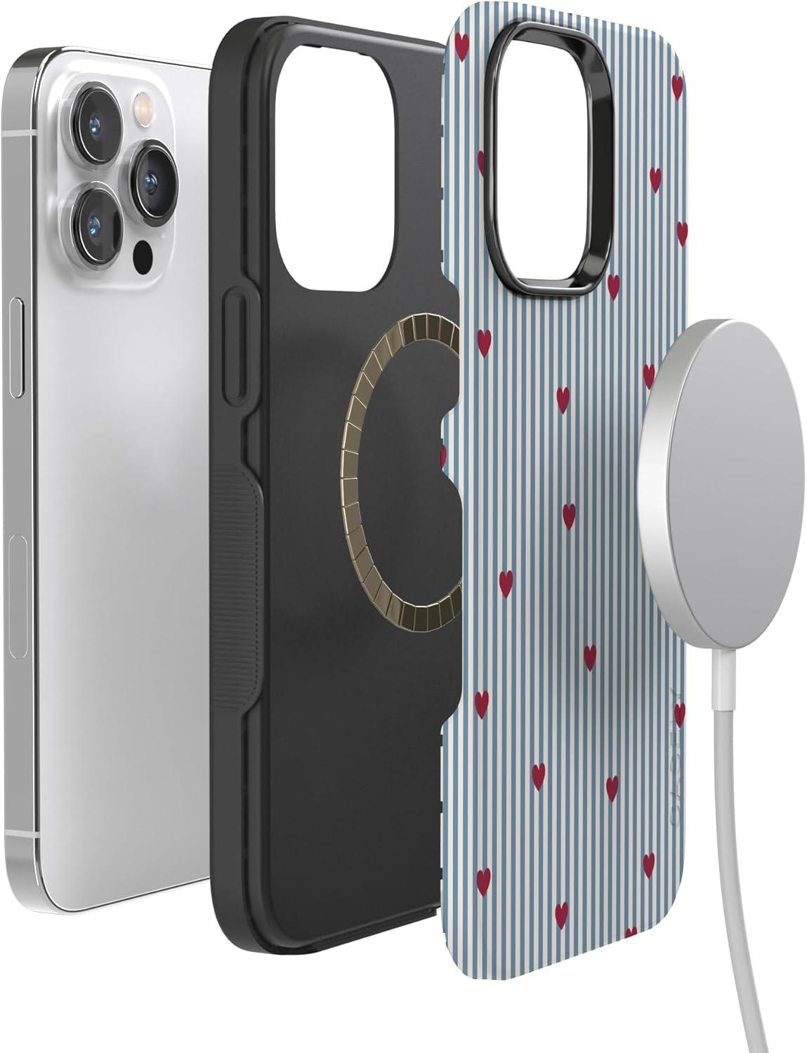 imageCasely iPhone 15 Pro Case Heart Noir Tiny Hearts Bold Protective Design MagSafe Compatible DesignLove Lines Blue Stripes