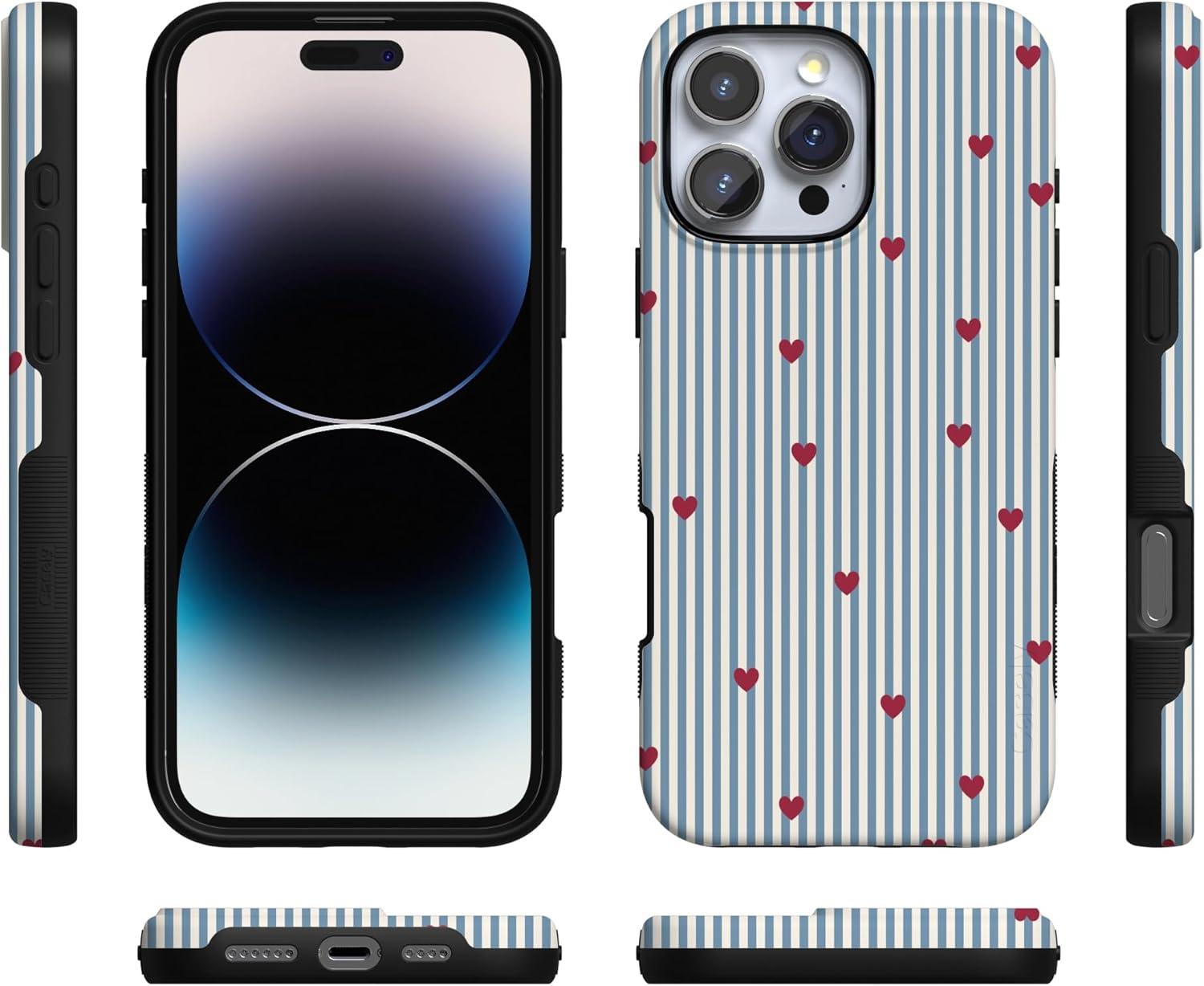 imageCasely iPhone 15 Pro Case Heart Noir Tiny Hearts Bold Protective Design MagSafe Compatible DesignLove Lines Blue Stripes