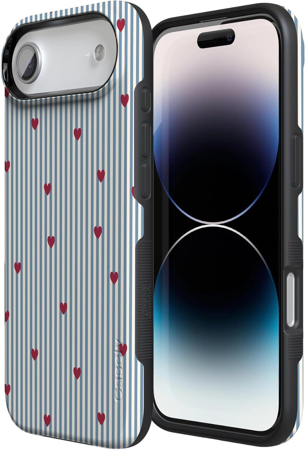 imageCasely iPhone 15 Pro Case Heart Noir Tiny Hearts Bold Protective Design MagSafe Compatible DesignLove Lines Blue Stripes