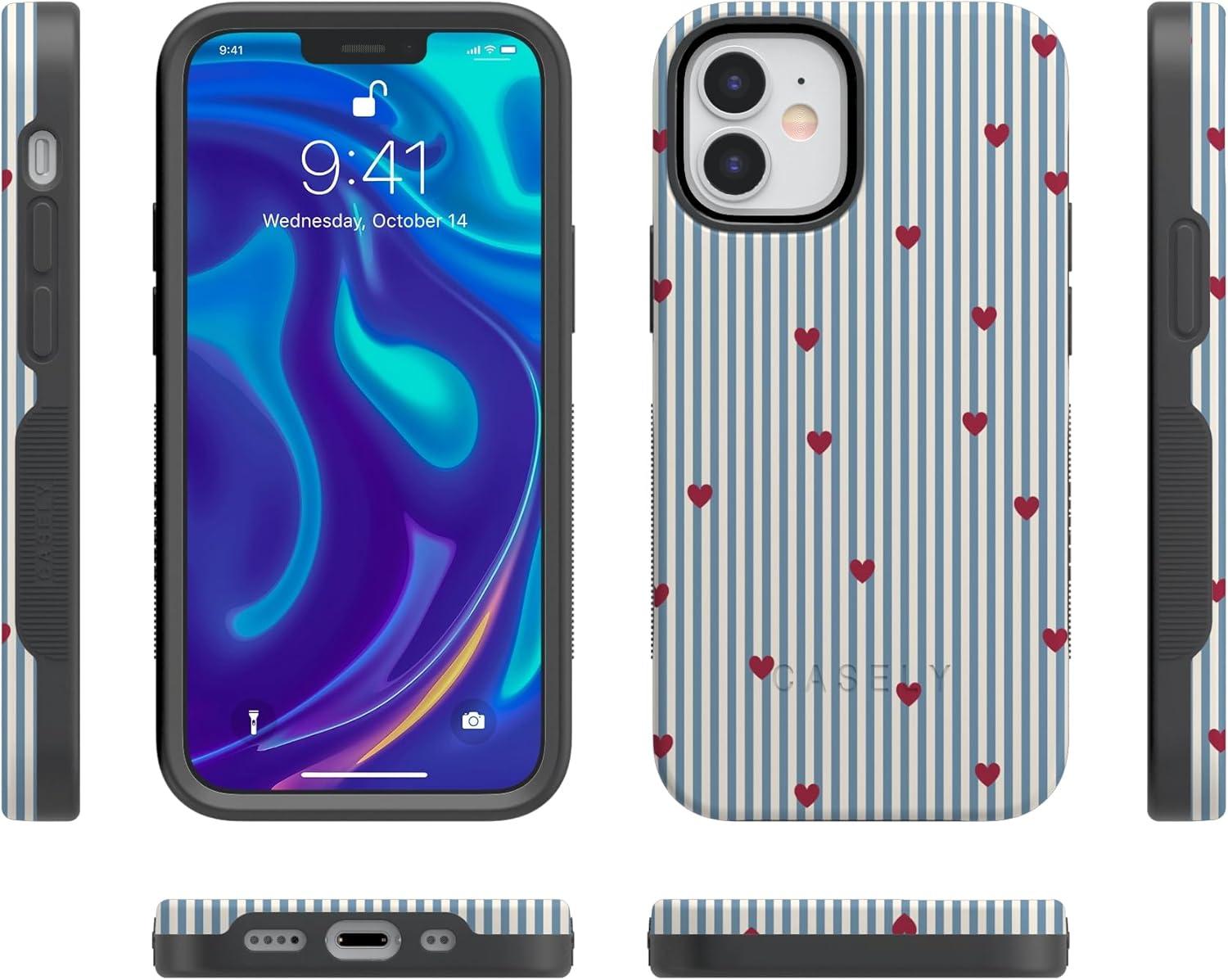 imageCasely iPhone 15 Pro Case Heart Noir Tiny Hearts Bold Protective Design MagSafe Compatible DesignLove Lines Blue Stripes