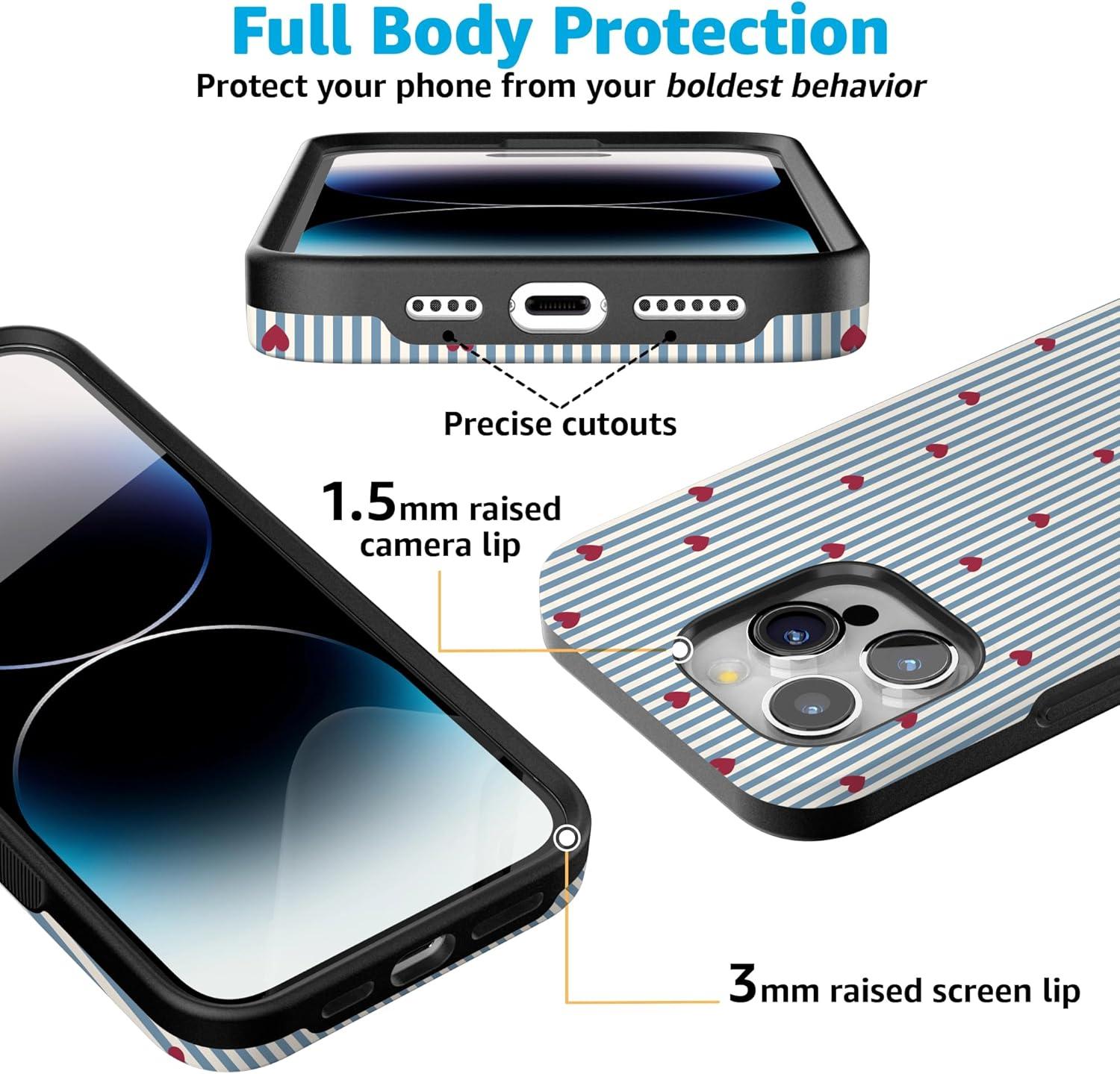 imageCasely iPhone 15 Pro Case Heart Noir Tiny Hearts Bold Protective Design MagSafe Compatible DesignLove Lines Blue Stripes