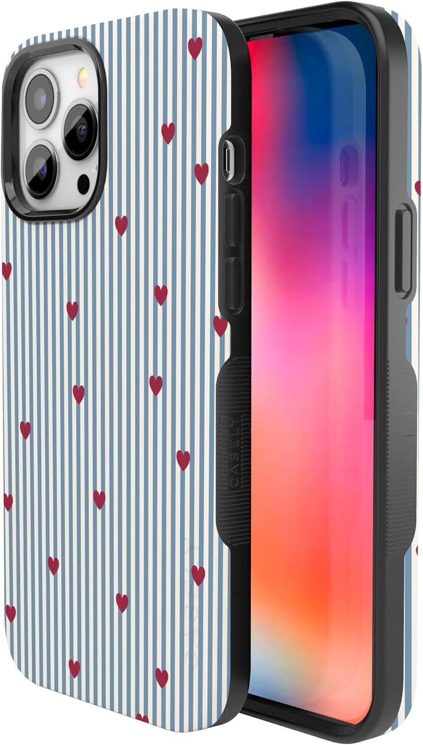 imageCasely iPhone 15 Pro Case Heart Noir Tiny Hearts Bold Protective Design MagSafe Compatible DesignLove Lines Blue Stripes