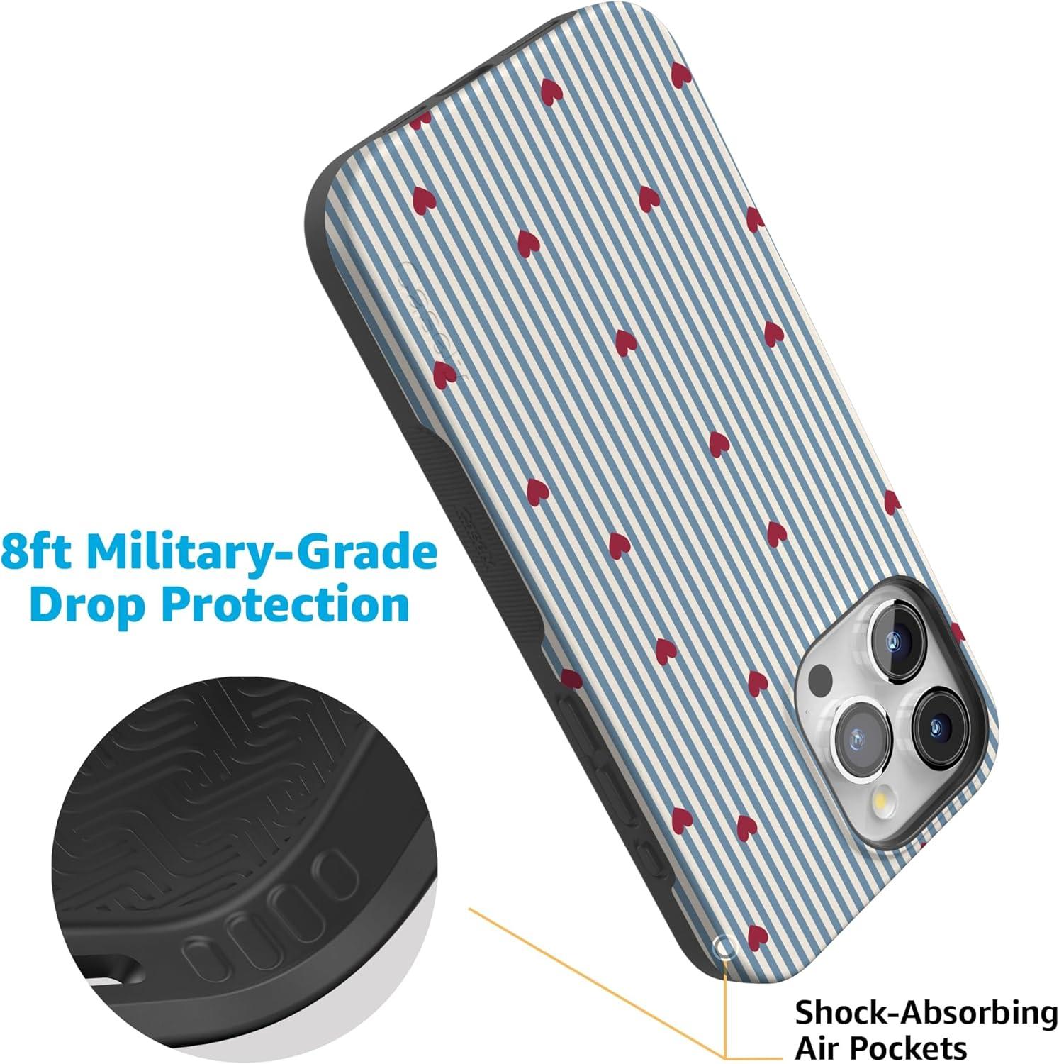 imageCasely iPhone 15 Pro Case Heart Noir Tiny Hearts Bold Protective Design MagSafe Compatible DesignLove Lines Blue Stripes