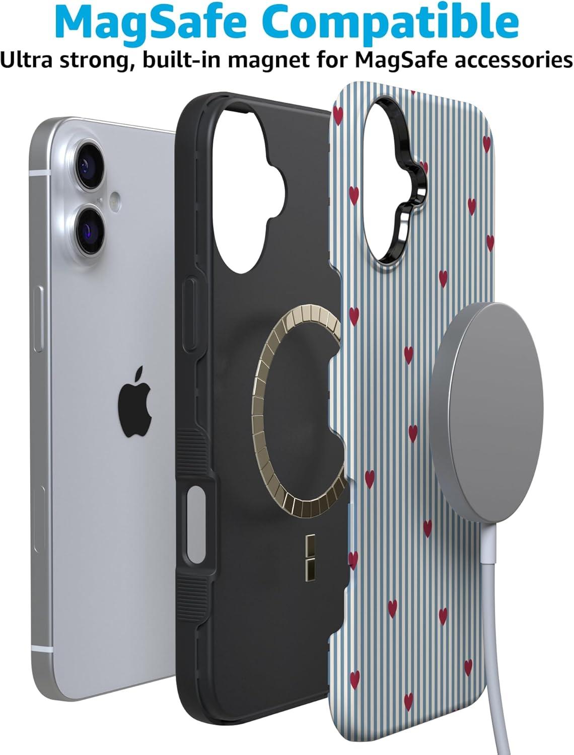 imageCasely iPhone 15 Pro Case Heart Noir Tiny Hearts Bold Protective Design MagSafe Compatible DesignLove Lines Blue Stripes