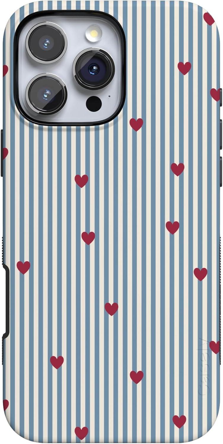 imageCasely iPhone 15 Pro Case Heart Noir Tiny Hearts Bold Protective Design MagSafe Compatible DesignLove Lines Blue Stripes
