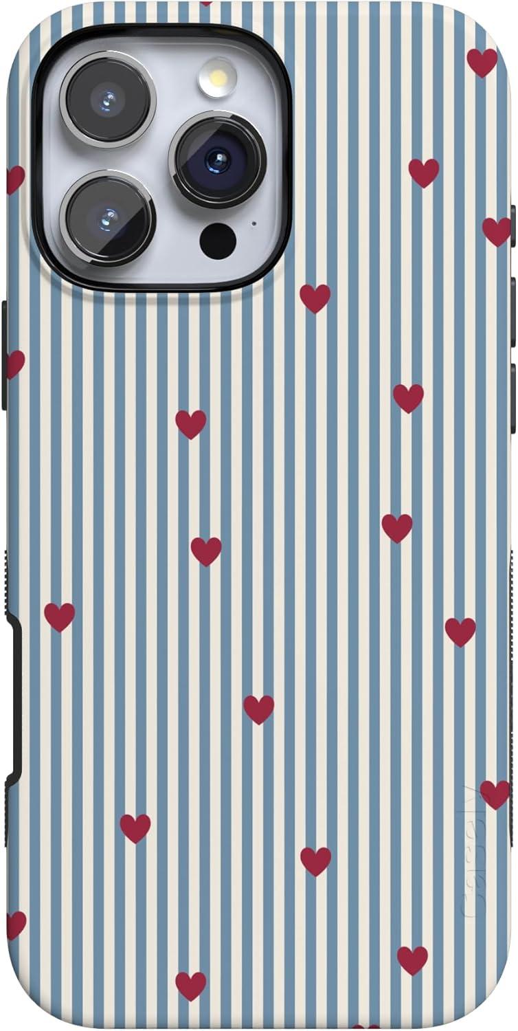 imageCasely iPhone 15 Pro Case Heart Noir Tiny Hearts Bold Protective Design MagSafe Compatible DesignLove Lines Blue Stripes