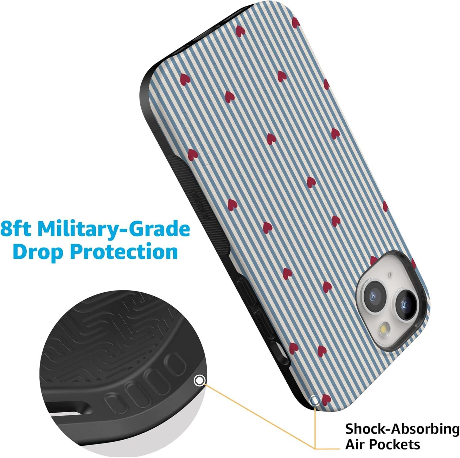 imageCasely iPhone 15 Pro Case Heart Noir Tiny Hearts Bold Protective Design MagSafe Compatible DesignLove Lines Blue Stripes