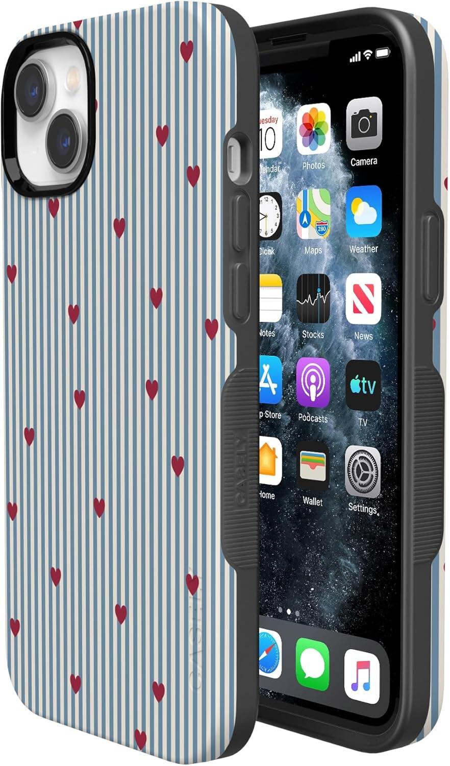 imageCasely iPhone 15 Pro Case Heart Noir Tiny Hearts Bold Protective Design MagSafe Compatible DesignLove Lines Blue Stripes