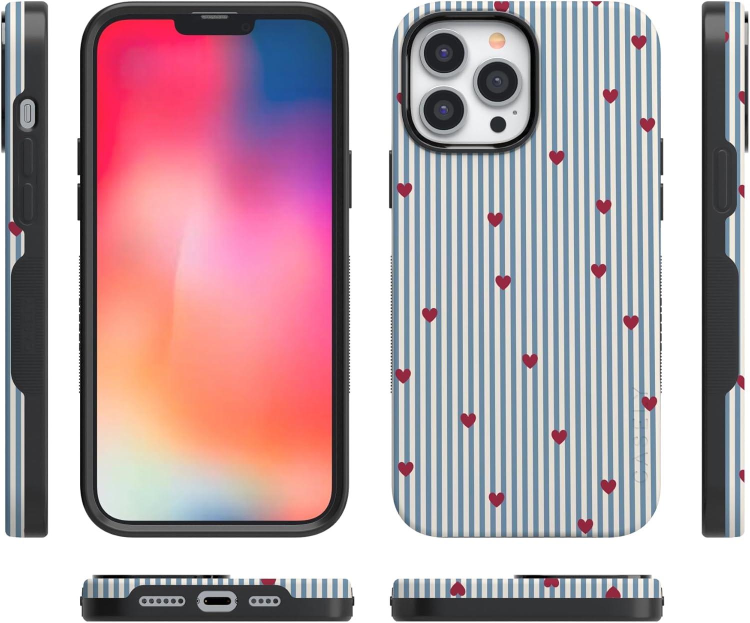 imageCasely iPhone 15 Pro Case Heart Noir Tiny Hearts Bold Protective Design MagSafe Compatible DesignLove Lines Blue Stripes