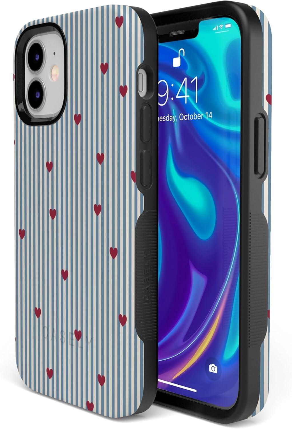 imageCasely iPhone 15 Pro Case Heart Noir Tiny Hearts Bold Protective Design MagSafe Compatible DesignLove Lines Blue Stripes