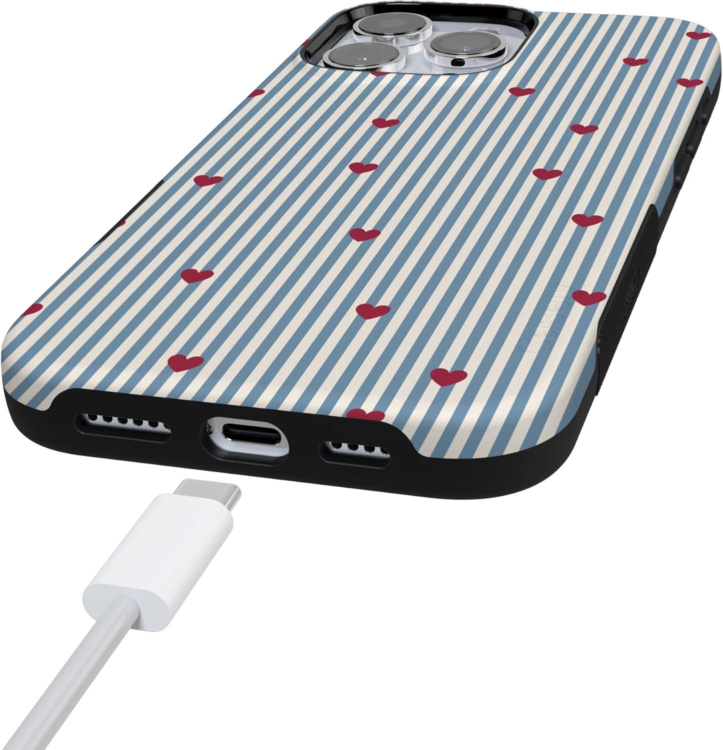 imageCasely iPhone 15 Pro Case Heart Noir Tiny Hearts Bold Protective Design MagSafe Compatible DesignLove Lines Blue Stripes