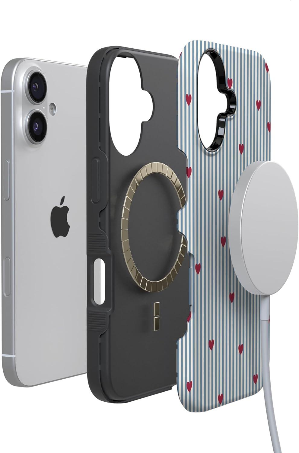 imageCasely iPhone 15 Pro Case Heart Noir Tiny Hearts Bold Protective Design MagSafe Compatible DesignLove Lines Blue Stripes