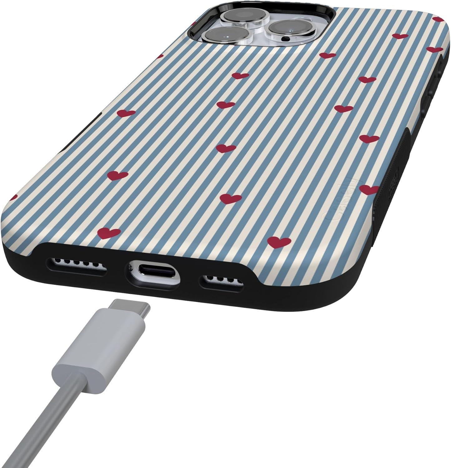 imageCasely iPhone 15 Pro Case Heart Noir Tiny Hearts Bold Protective Design MagSafe Compatible DesignLove Lines Blue Stripes