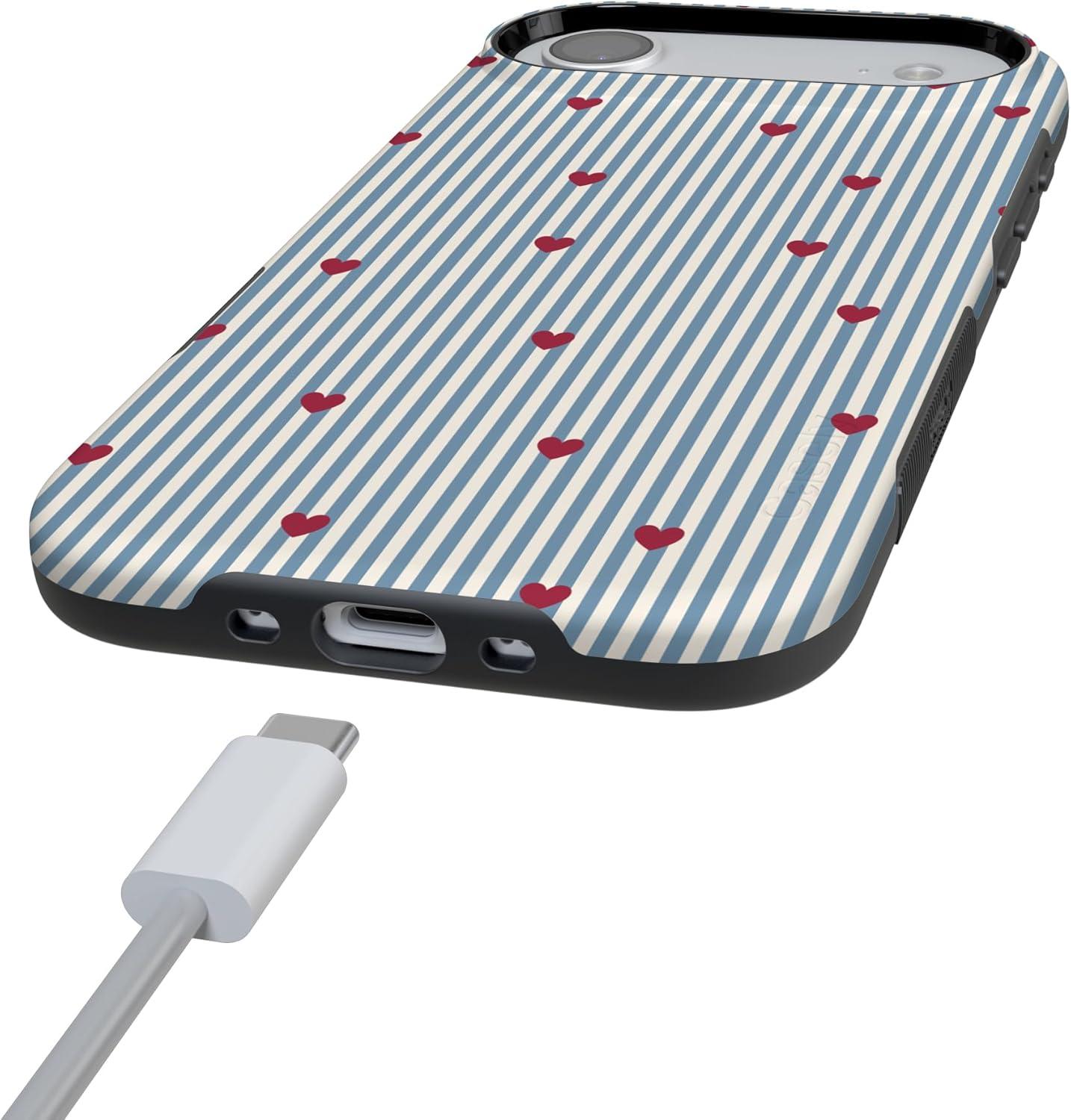 imageCasely iPhone 15 Pro Case Heart Noir Tiny Hearts Bold Protective Design MagSafe Compatible DesignLove Lines Blue Stripes