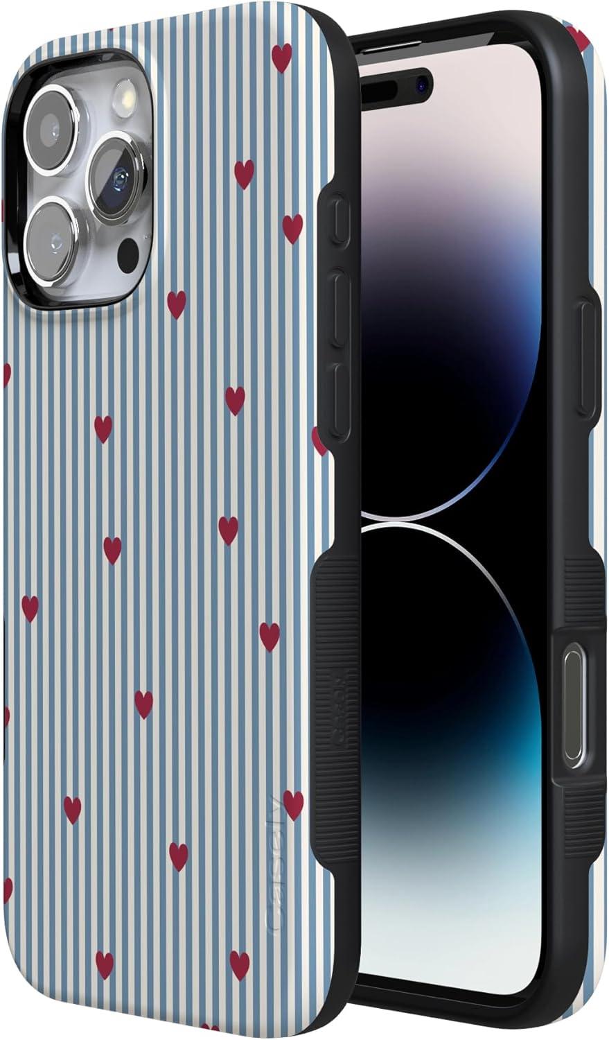 imageCasely iPhone 15 Pro Case Heart Noir Tiny Hearts Bold Protective Design MagSafe Compatible DesignLove Lines Blue Stripes