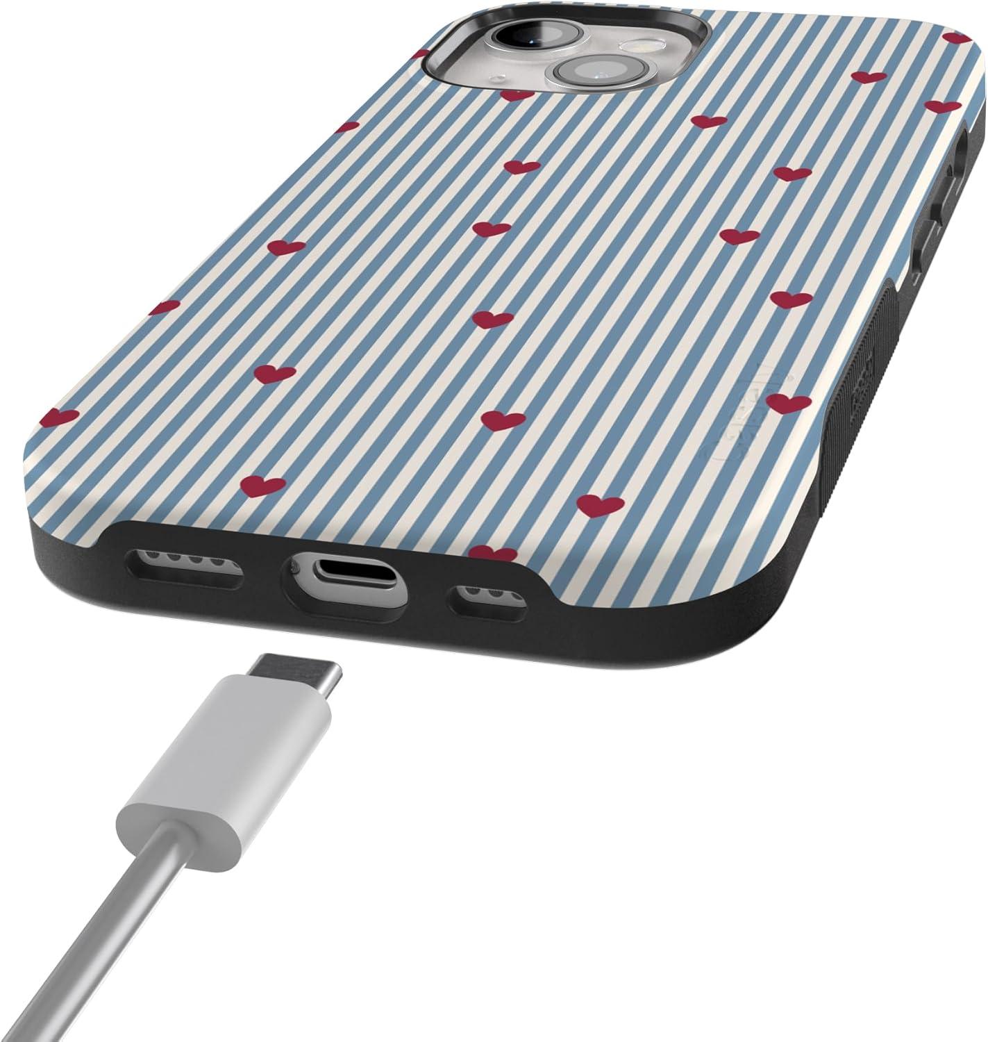 imageCasely iPhone 15 Pro Case Heart Noir Tiny Hearts Bold Protective Design MagSafe Compatible DesignLove Lines Blue Stripes