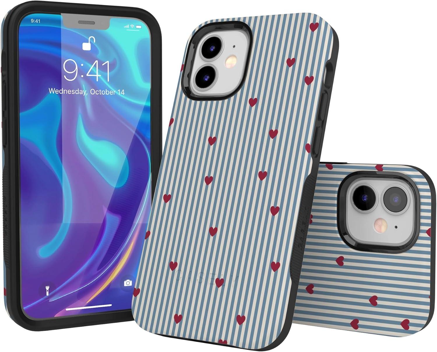 imageCasely iPhone 15 Pro Case Heart Noir Tiny Hearts Bold Protective Design MagSafe Compatible DesignLove Lines Blue Stripes