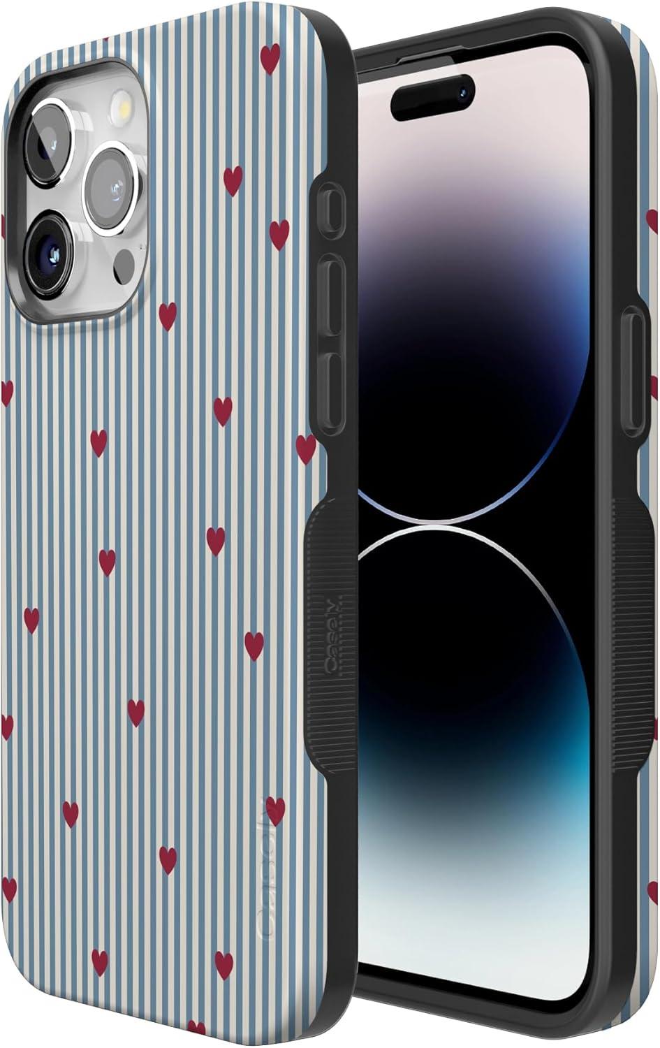 imageCasely iPhone 15 Pro Case Heart Noir Tiny Hearts Bold Protective Design MagSafe Compatible DesignLove Lines Blue Stripes