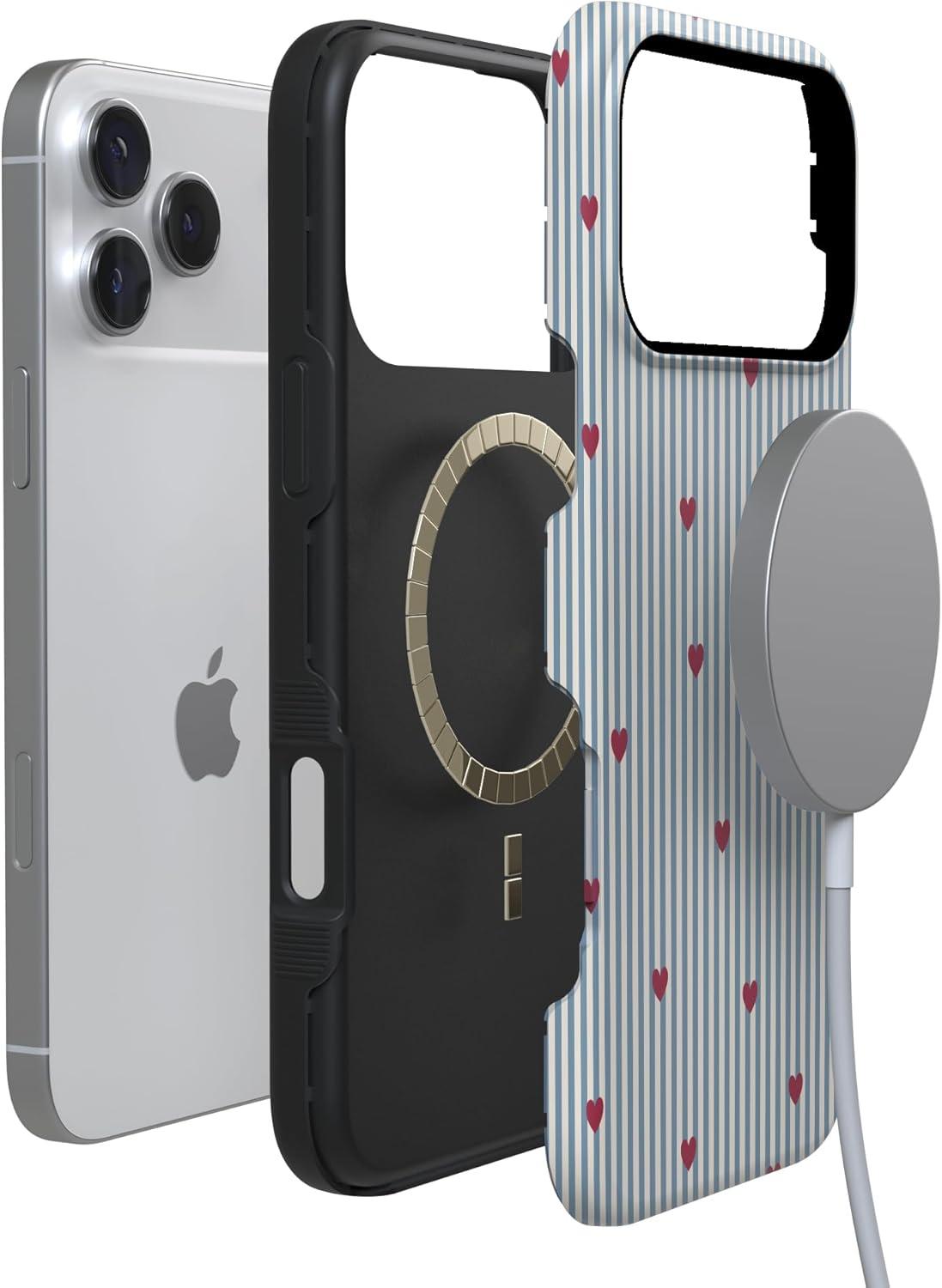 imageCasely iPhone 15 Pro Case Heart Noir Tiny Hearts Bold Protective Design MagSafe Compatible DesignLove Lines Blue Stripes