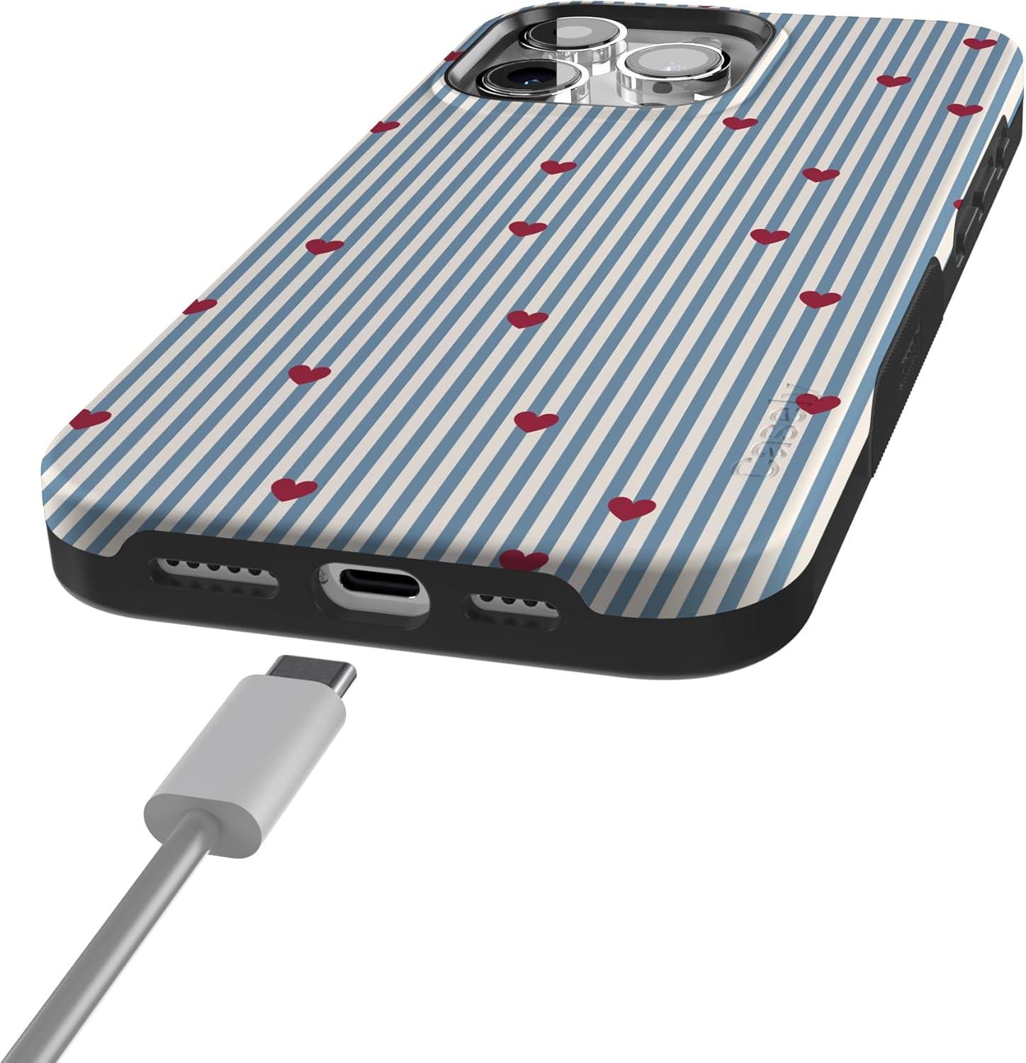 imageCasely iPhone 15 Pro Case Heart Noir Tiny Hearts Bold Protective Design MagSafe Compatible DesignLove Lines Blue Stripes