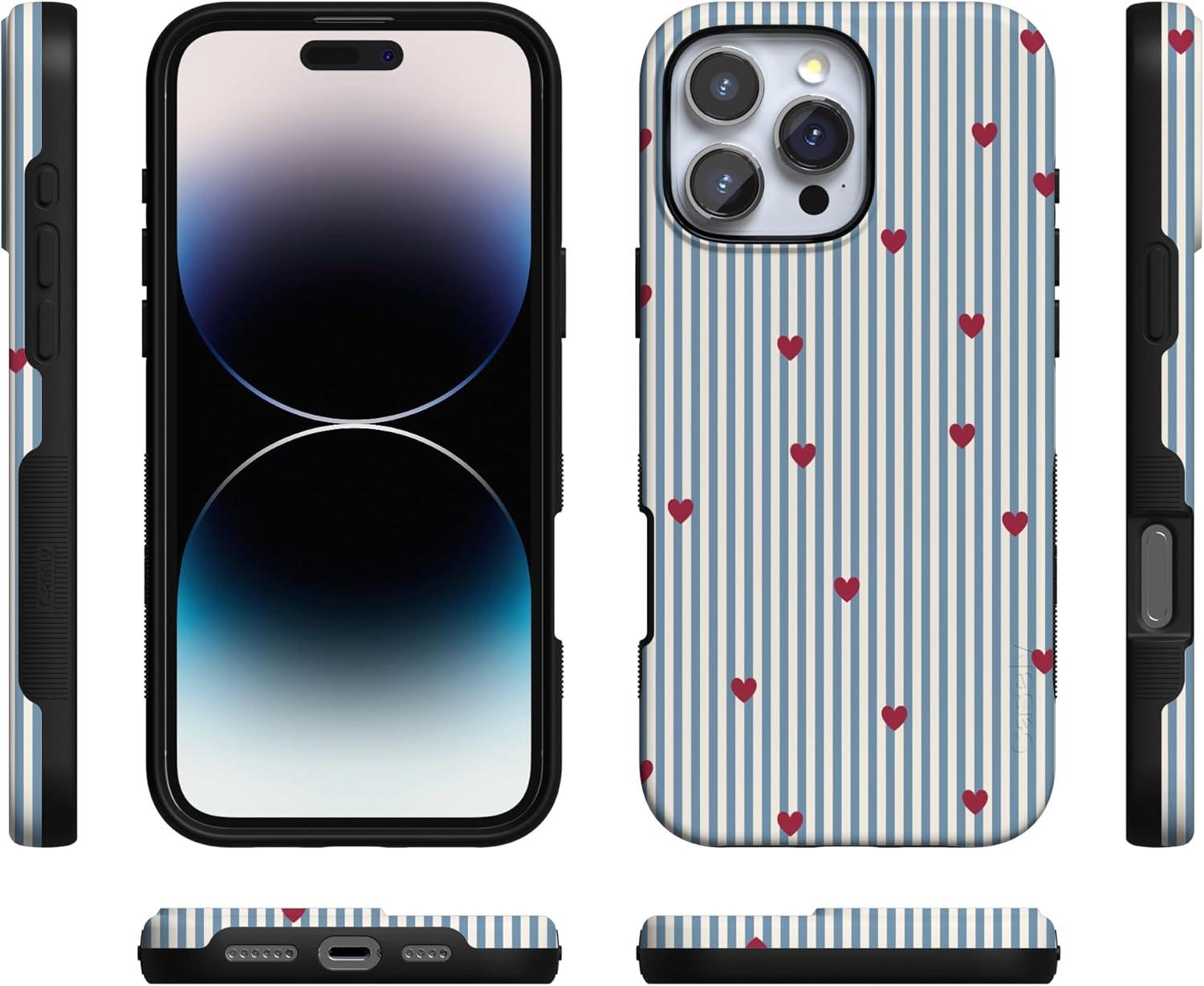 imageCasely iPhone 15 Pro Case Heart Noir Tiny Hearts Bold Protective Design MagSafe Compatible DesignLove Lines Blue Stripes