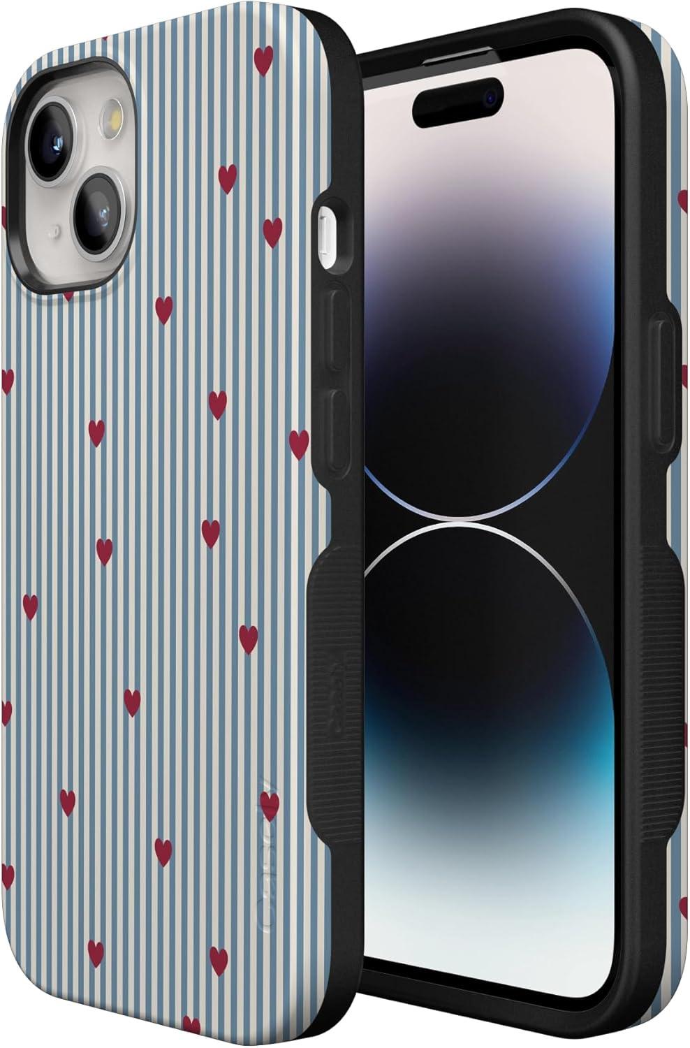 imageCasely iPhone 15 Pro Case Heart Noir Tiny Hearts Bold Protective Design MagSafe Compatible DesignLove Lines Blue Stripes