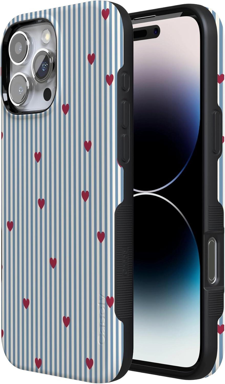 imageCasely iPhone 15 Pro Case Heart Noir Tiny Hearts Bold Protective Design MagSafe Compatible DesignLove Lines Blue Stripes