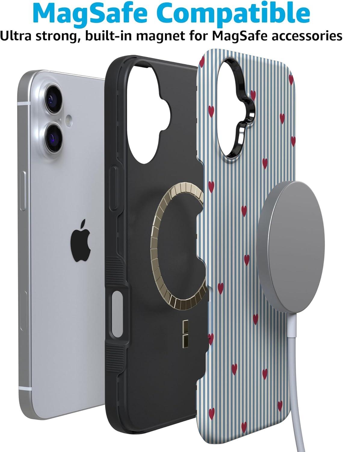 imageCasely iPhone 15 Pro Case Heart Noir Tiny Hearts Bold Protective Design MagSafe Compatible DesignLove Lines Blue Stripes