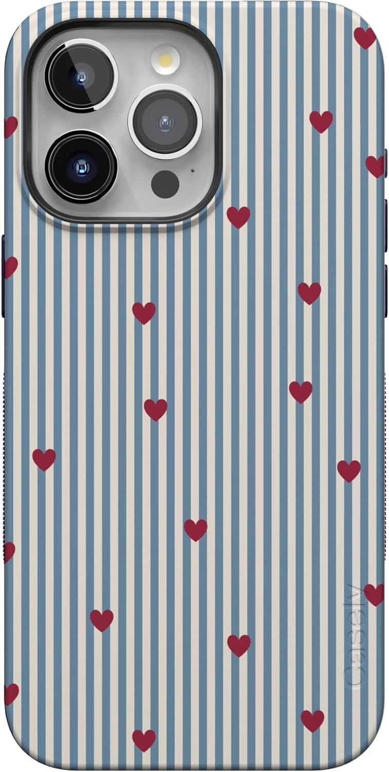 imageCasely iPhone 15 Pro Case Heart Noir Tiny Hearts Bold Protective Design MagSafe Compatible DesignLove Lines Blue Stripes
