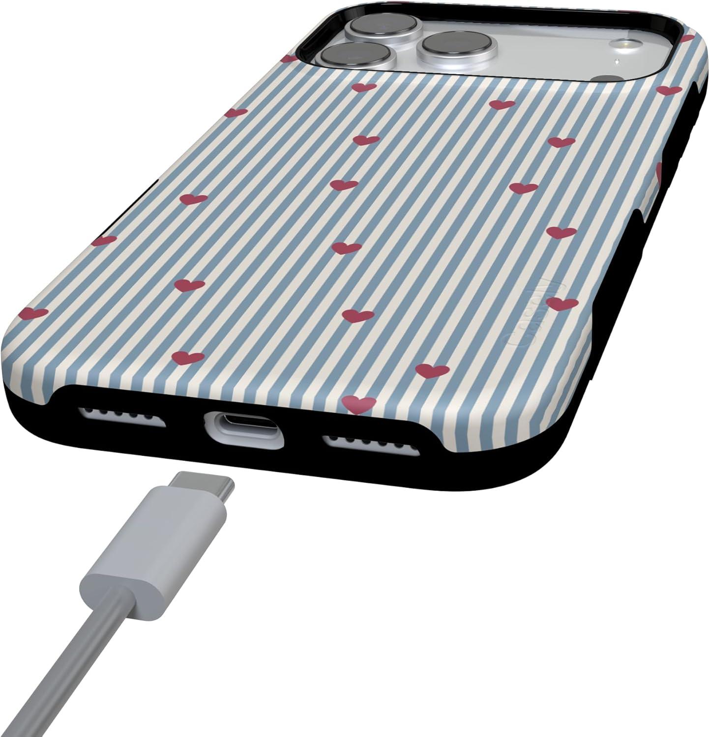 imageCasely iPhone 15 Pro Case Heart Noir Tiny Hearts Bold Protective Design MagSafe Compatible DesignLove Lines Blue Stripes
