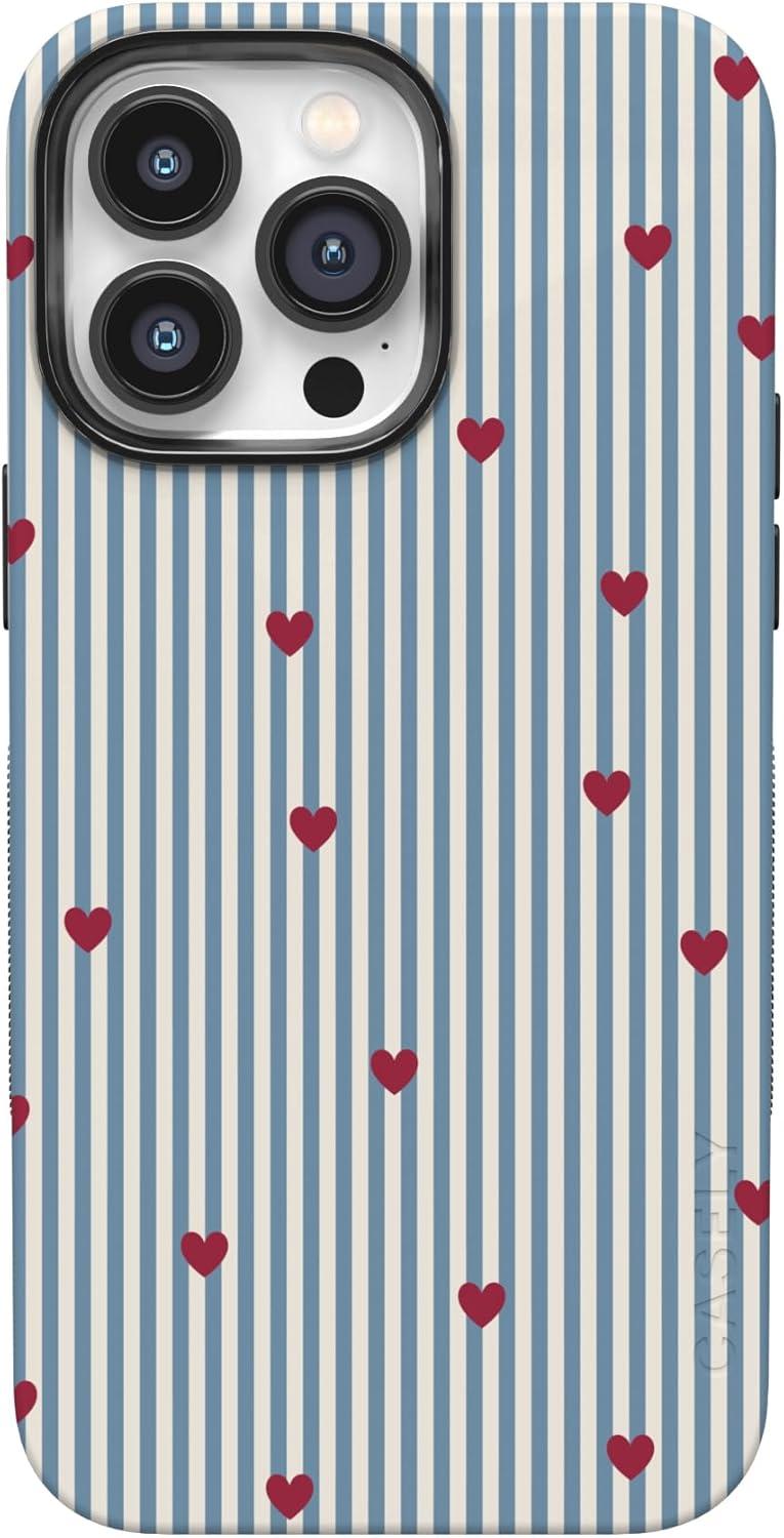 imageCasely iPhone 15 Pro Case Heart Noir Tiny Hearts Bold Protective Design MagSafe Compatible DesignLove Lines Blue Stripes