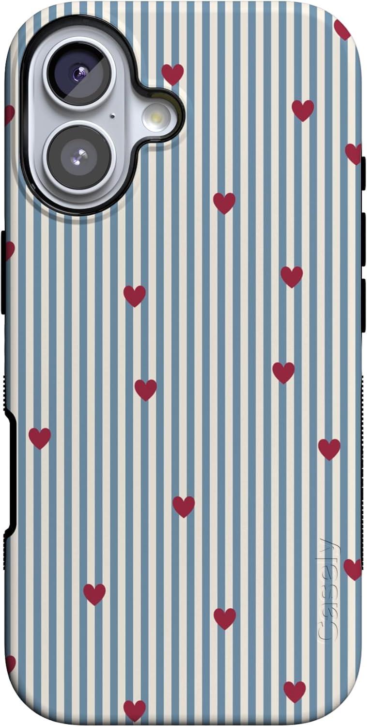 imageCasely iPhone 15 Pro Case Heart Noir Tiny Hearts Bold Protective Design MagSafe Compatible DesignLove Lines Blue Stripes