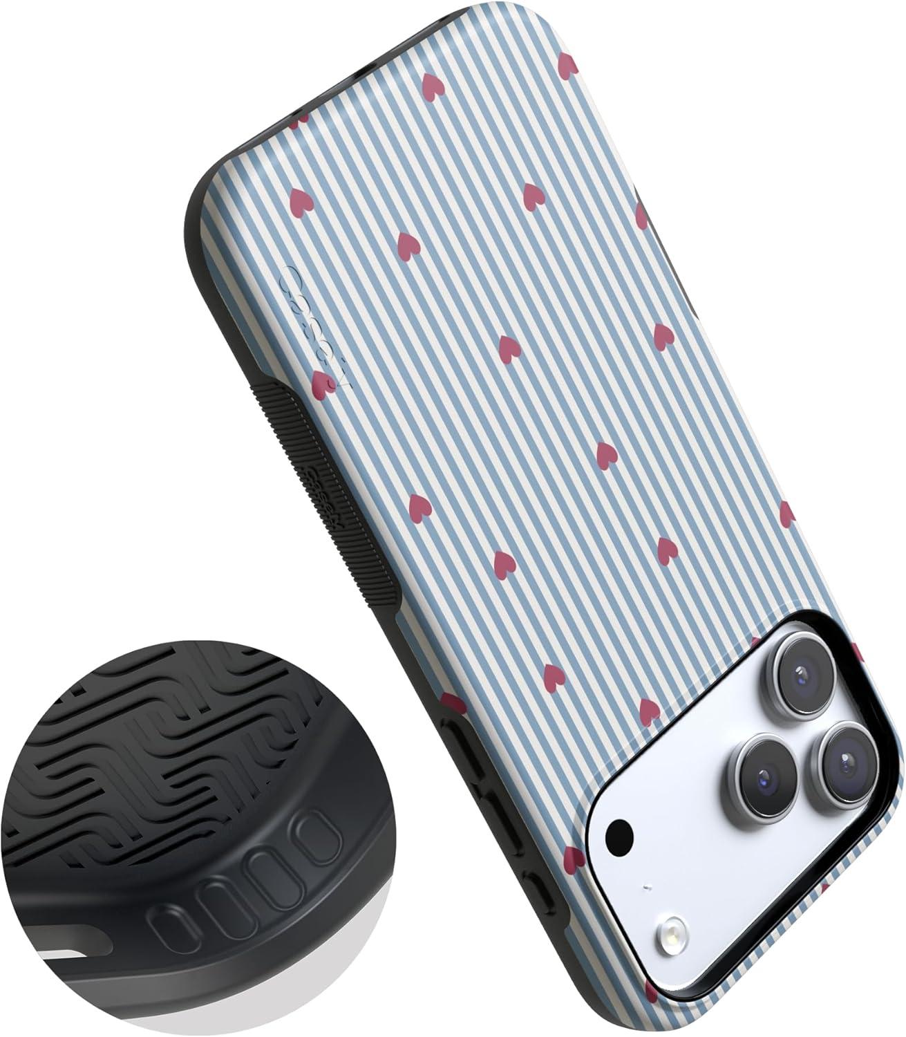 imageCasely iPhone 15 Pro Case Heart Noir Tiny Hearts Bold Protective Design MagSafe Compatible DesignLove Lines Blue Stripes